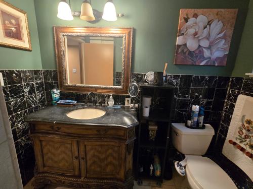 サクラメントにあるCharming peaceful stayの洗面台、鏡、トイレ付きのバスルーム