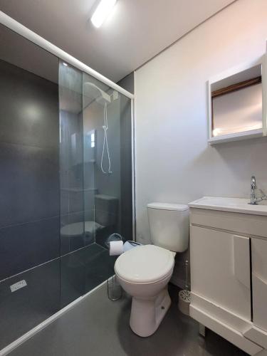 a bathroom with a toilet and a glass shower at Hospedagem Caminho do Parque in Vacaria