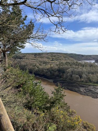 a view of a river from a hill with trees at Le studio in Pontrieux