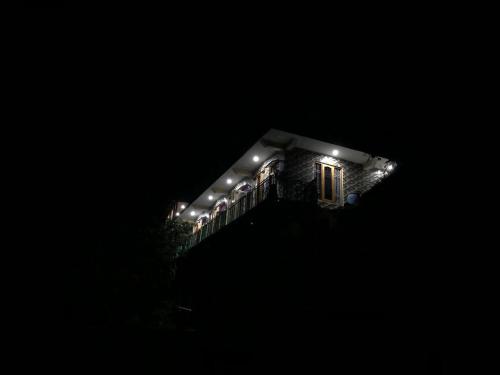 a building with lights on the side of it at night at Tirthan Life Homestay in Kulu