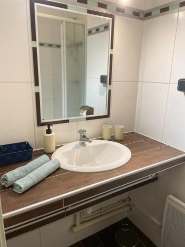 une salle de bain avec un lavabo et un miroir dans l'établissement Appartement 6 pers proche des pistes, à Praz-sur-Arly