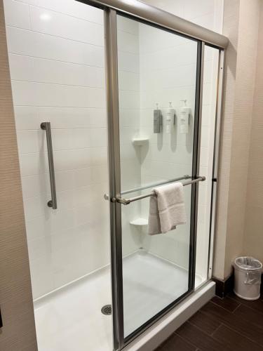 a shower with a glass door in a bathroom at Hampton Inn & Suites Stroudsburg Bartonsville Poconos in Stroudsburg