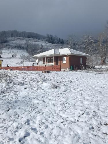 a house in a snow covered field with a building at Šarganska Idila in Mokra Gora