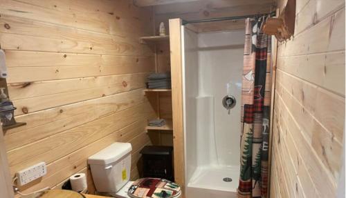 a bathroom with wooden walls and a shower with a toilet at Black Bear Cabin in Black River Falls