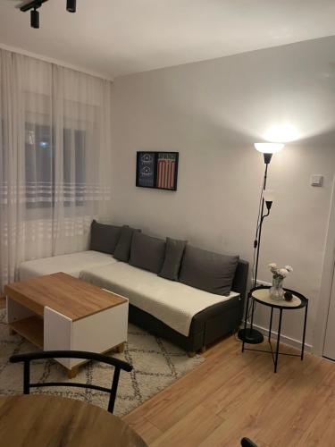 a living room with a couch and a table at Urban Oasis Apartment in Sajmište