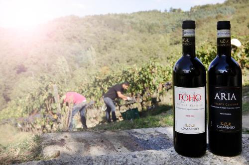 two bottles of wine sitting on a table in a vineyard at Borgo Casa al Vento in Gaiole in Chianti