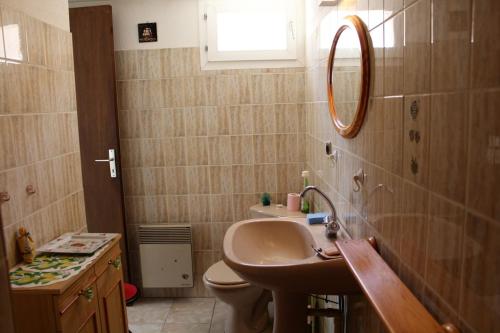 une salle de bain avec un lavabo, des toilettes et un miroir dans l'établissement PN000-201 Maison Studio mezz 2 couchages PORT LA NOUVELLE, à Port-la-Nouvelle