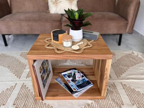 a coffee table with a potted plant on it at Charmant en bord de plage in Anse Marcel 