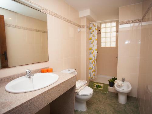 a bathroom with a sink and a toilet and a mirror at Apartment Núria in Bellreguart