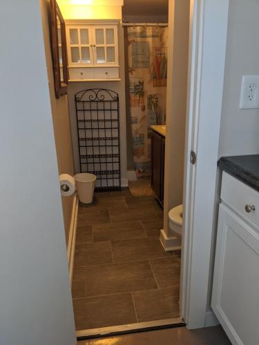 a bathroom with a shower and a toilet in it at Bijou Bungalow in Beaufort