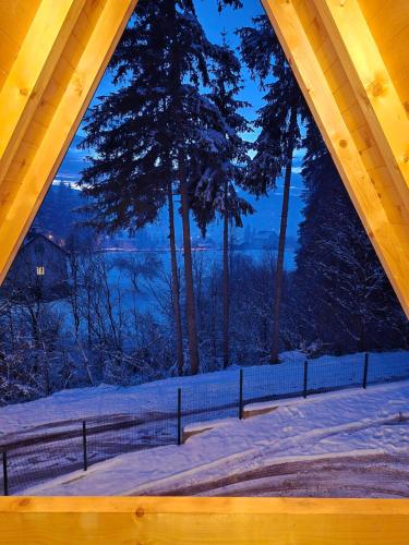 a view from a window of a bed in a cabin at Vikendica Villa Marija Pale in Pale