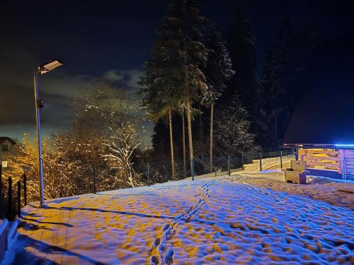 a snow covered street at night with a street light at Vikendica Villa Marija Pale in Pale