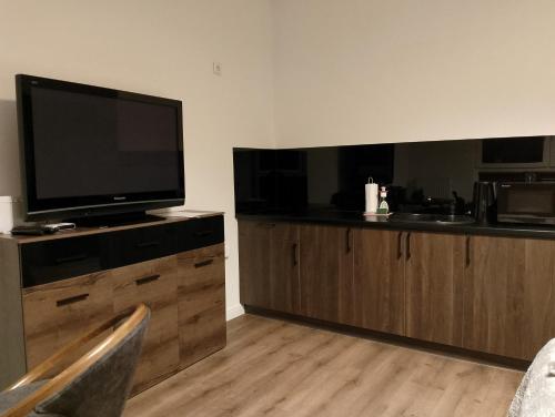 salon z telewizorem z płaskim ekranem i drewnianą szafką w obiekcie Apartament Bastion Wałowa Gdańsk w Gdańsku