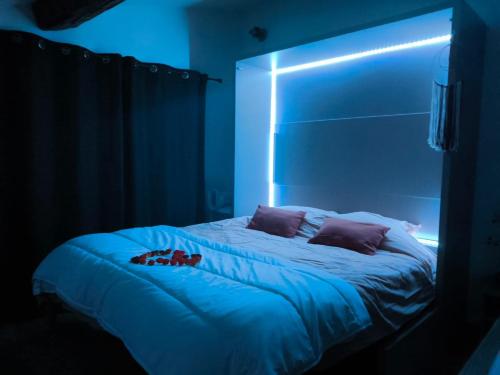 - une chambre avec un lit bleu clair dans l'établissement Le spa des canuts, à Caluire-et-Cuire