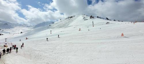 un groupe de personnes skier sur une montagne enneigée dans l'établissement Résidence FlÈche - Studio pour 4 Personnes 174, à La Plagne Tarentaise