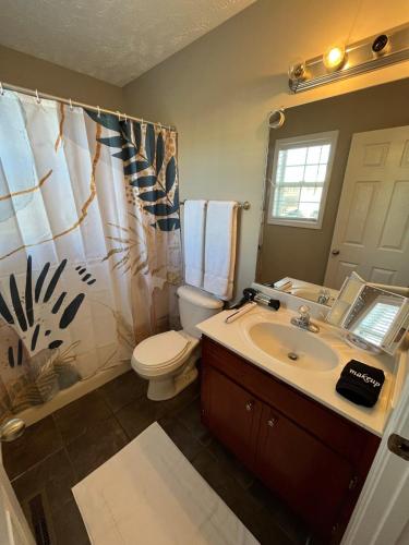 a bathroom with a sink and a toilet and a shower at Spacious, 4BR Boho - Family & Pet Friendly in Clarksville