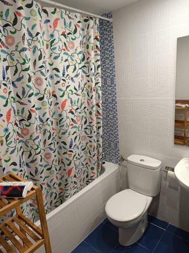 a bathroom with a toilet and a shower curtain at Casa Ona in Bielsa