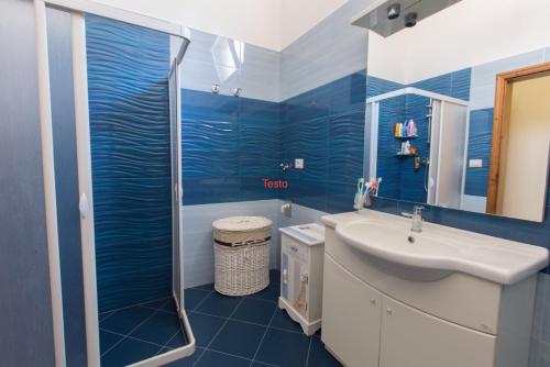 ein blaues Bad mit einem Waschbecken und einer Dusche in der Unterkunft Villetta Angela in Torre San Giovanni Ugento