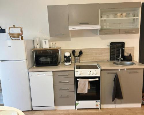 Il comprend une petite cuisine équipée d'une cuisinière et d'un réfrigérateur. dans l'établissement Studio cosy en centre-ville, à Évreux