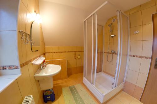 a bathroom with a shower and a toilet and a sink at Chata Esty in Bělá pod Pradědem