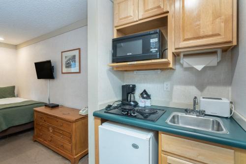 a small kitchen with a sink and a microwave at Mountainside Inn 415 by Alpine Lodging Telluride in Telluride