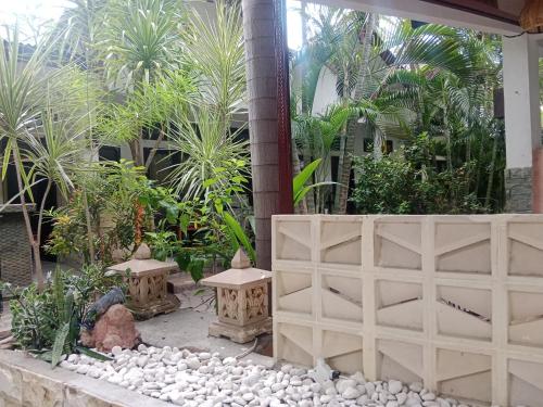 a garden with a fence and some palm trees at Ricel homestay in Gili Trawangan