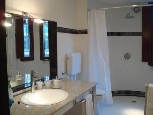 a bathroom with a sink and a shower and a toilet at Residenza Le Palme in Caltignaga