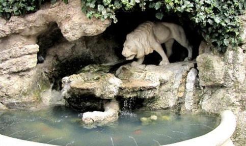 a lion standing on a rock next to a pool of water at Hotel Miramonti in Gangi