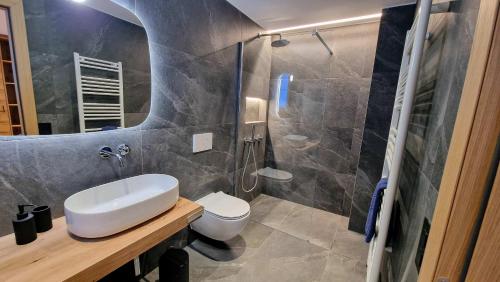 a bathroom with a toilet and a sink and a shower at Silberdistel Brand-new luxury apartment with private terrace in Saas-Fee