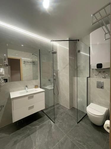 a bathroom with a shower and a toilet and a sink at Moaline Apartments, free parking in Sarajevo