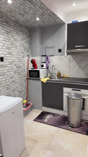 une cuisine avec un évier et un micro-ondes dans l'établissement Hébergement jacuzzi très silencieux, à Deuil-la-Barre