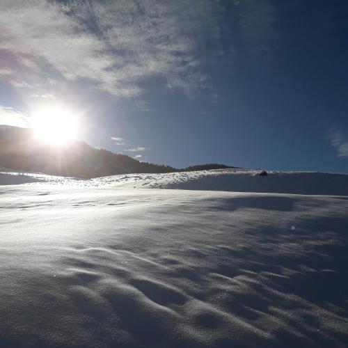 a snow covered beach with the sun in the background at Ferienhaus Hochwimmer in Hollersbach im Pinzgau