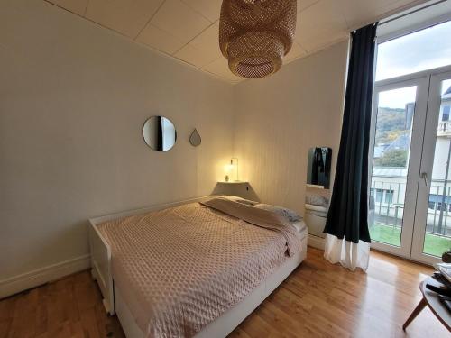 une chambre avec un lit et une grande fenêtre dans l'établissement Charmant studio, à Bagnères-de-Bigorre