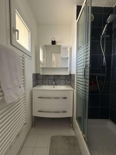 une salle de bain avec un lavabo, une douche et un miroir dans l'établissement Appartement , Le Cap d 'Agde, au Cap d'Agde
