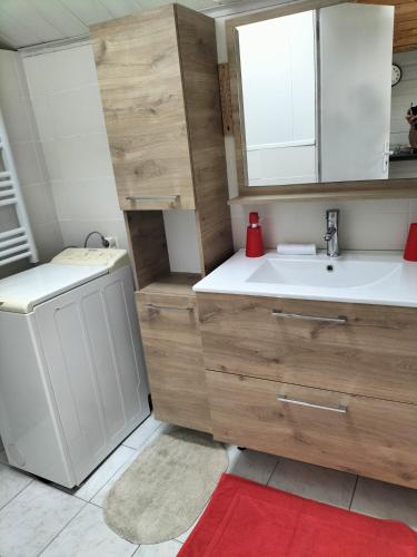 une salle de bain avec un lavabo et une machine à laver dans l'établissement Maison à 50 M de la plage sous les pins, à Saint-Brévin-les-Pins