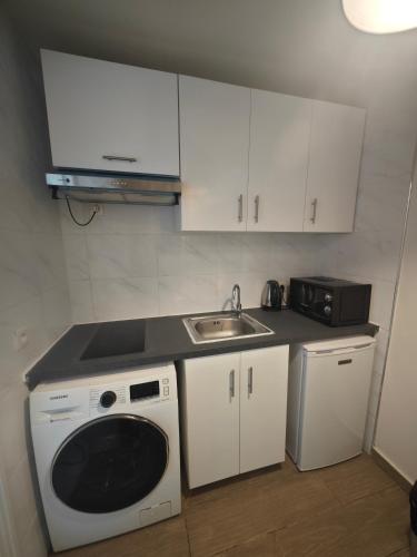 une cuisine avec un évier et une machine à laver dans l'établissement Séjour à Gare de l'Est, à Paris