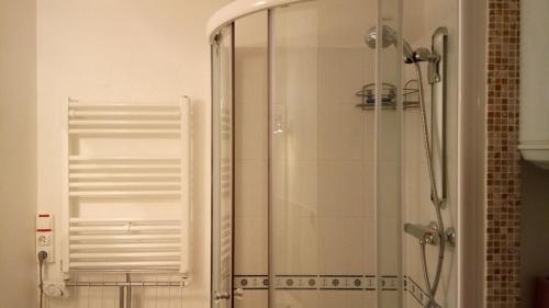 une douche avec une porte vitrée dans une salle de bain dans l'établissement Confortable 2 pièces calme à 200 m plage wifi, à Cabourg