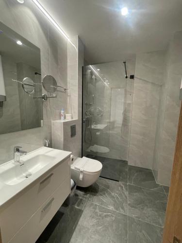 a bathroom with a toilet and a sink and a shower at Moaline Apartments, free parking in Sarajevo