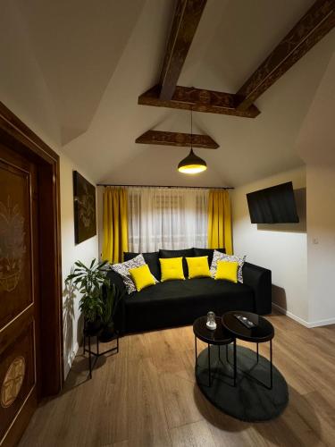 a living room with a black couch and yellow pillows at Apartamenty u Gąsiorów in Biały Dunajec