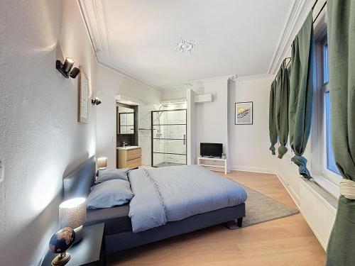 a bedroom with a bed and a television in it at Cosy Apartment Molière 2 in Brussels