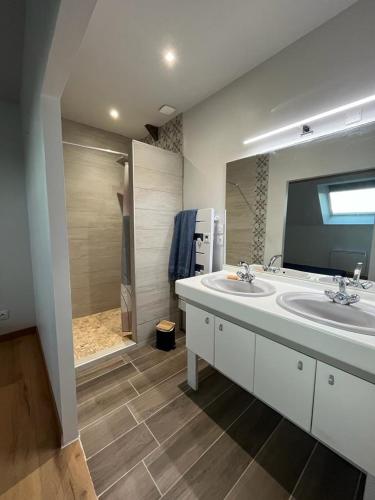 une salle de bain avec deux lavabos et un grand miroir dans l'établissement Gîtes entre 2 lacs, à Perret-Dessous