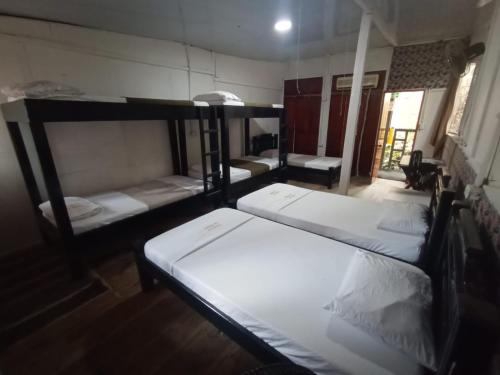 a room with three bunk beds in a room at Hostal Las Mariposas Minca in Minca