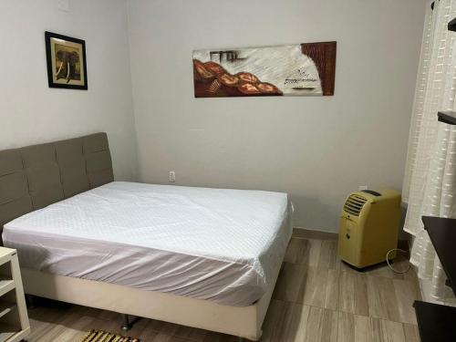 ein Schlafzimmer mit einem Bett und einem Bild an der Wand in der Unterkunft Casa temporada Angra e Paraty in Angra dos Reis