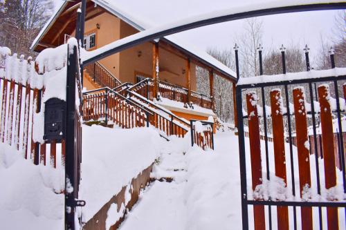 a gate to a house with snow on it at Villa Povlen 1979 - Mini bar, Hot tub, Ozvučenje in Prokići
