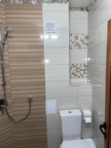a bathroom with a toilet and a shower at Къща за гости ЕЛЕНИ in Sozopol