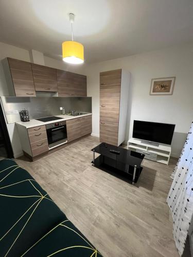 un salon avec une cuisine et une télévision dans l'établissement Idéal séjour t2, à Roubaix