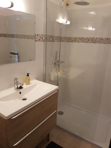 une salle de bain avec une douche, un lavabo et des toilettes dans l'établissement Grand T2, 4 personnes, Clim, Parking, Proche centre, à Sanary-sur-Mer