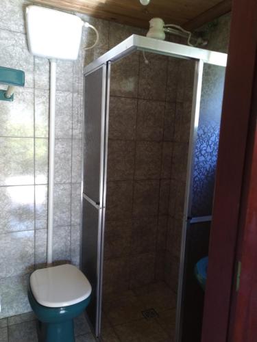 a bathroom with a toilet and a shower at Pousada Pé da Mata in Aiuruoca