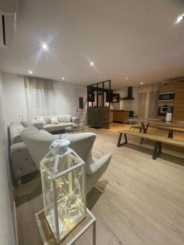 un salon avec des canapés et une table dans l'établissement Villa avec jardin et piscine, au Barcarès