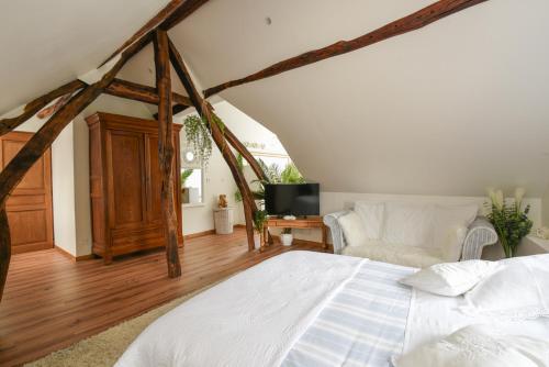 a bedroom with a bed and a tv in it at Le Moulin des Roses in Neslette